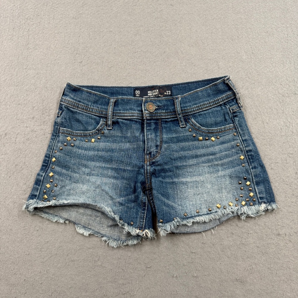 Hollister Midi Shorts Women's 00 Blue Denim Studded Cut Off Low Rise Medium Wash